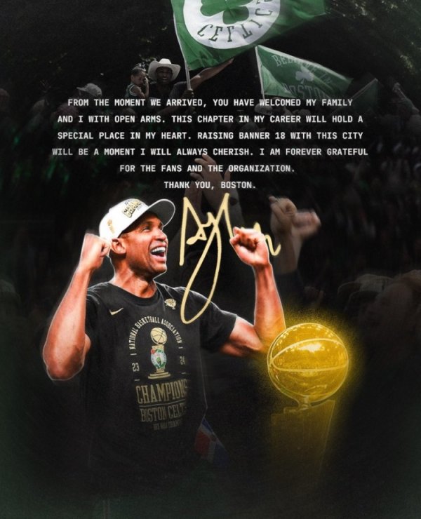 Horford Cảm ơn Celtics: Nâng lá cờ vô địch thứ 18 cho Boston sẽ là thời gian đáng nhớ mãi mãi