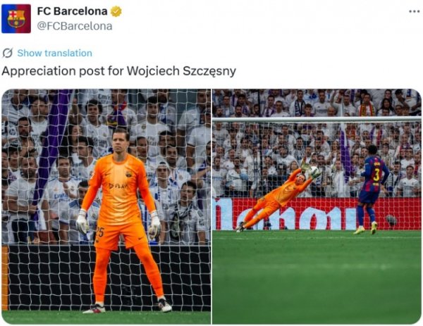 Đóng góp 9 pha cứu thua, quan chức Barcelona tweet khoảnh khắc cứu thua của Szczesny và cảm ơn màn t